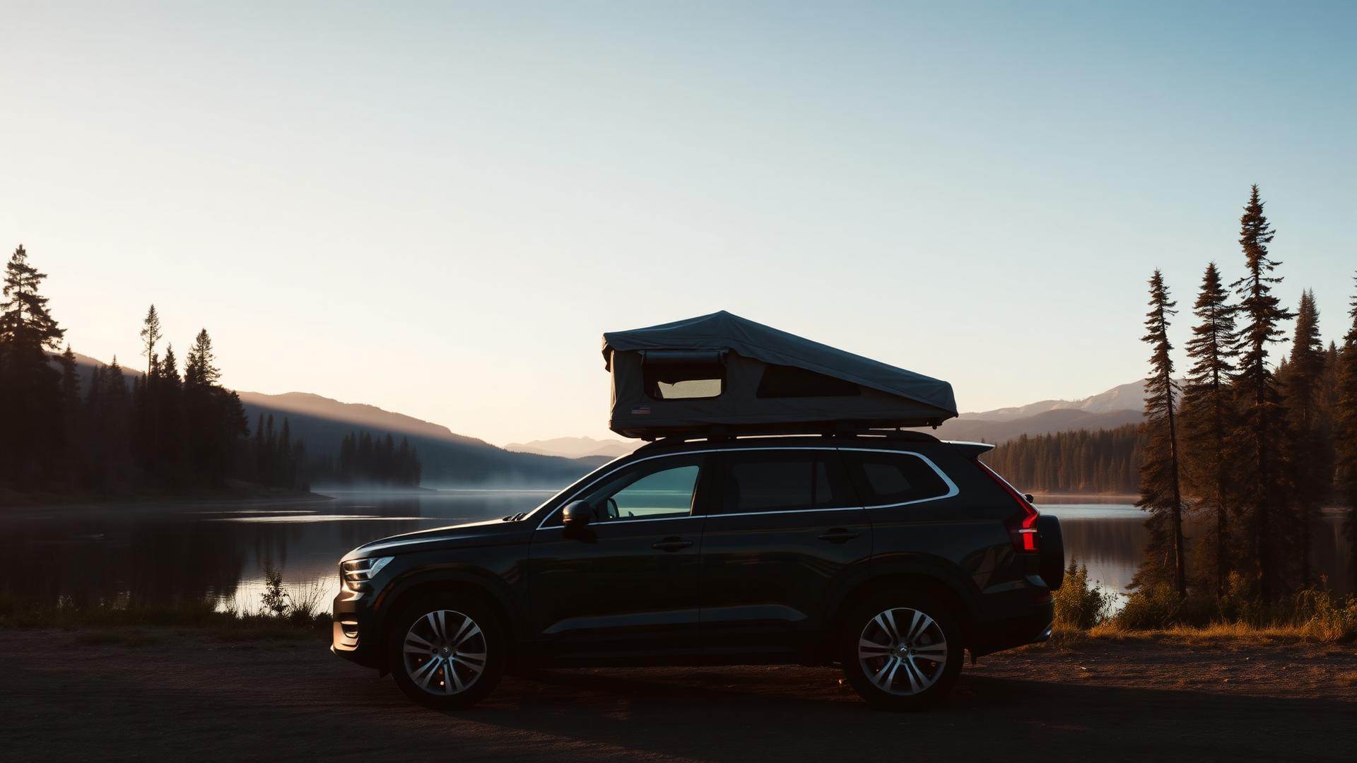 Svensk SUV med taktält vid en lugn nordisk sjö i gryningen