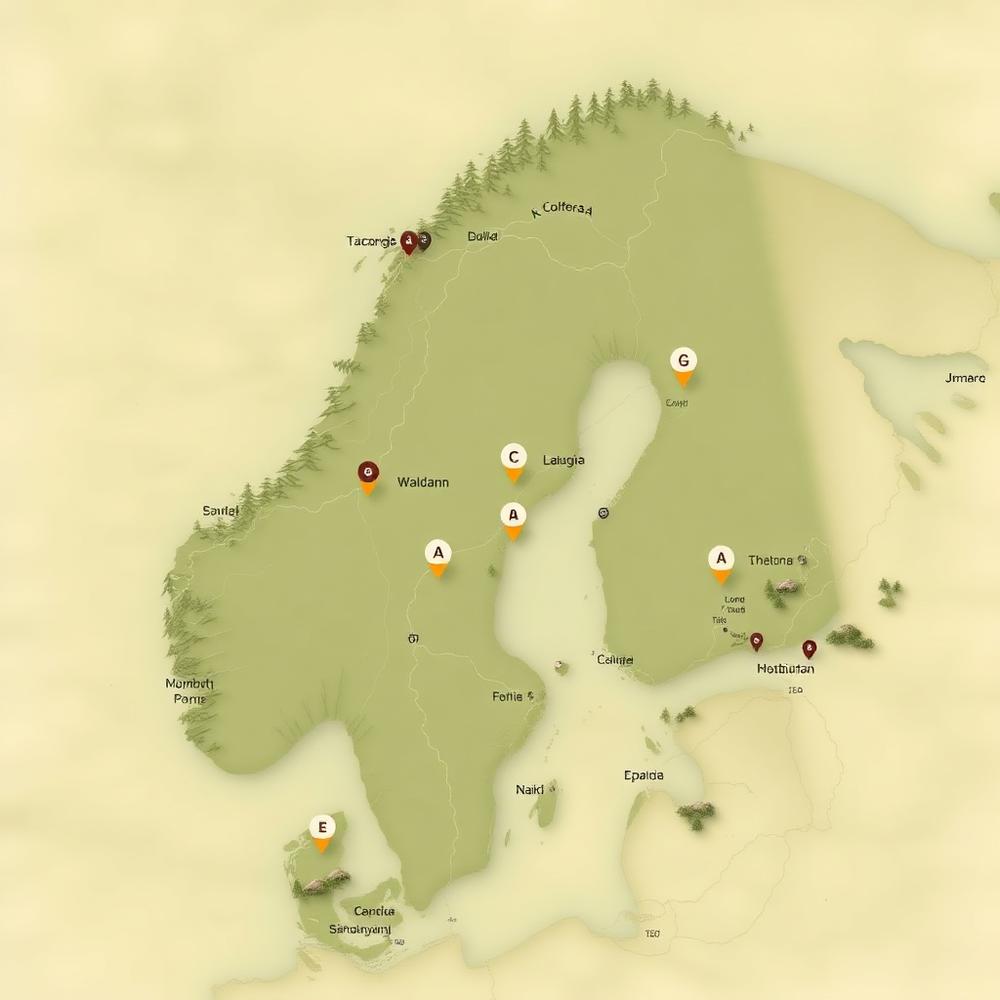Karta över Skandinavien med lägerplatser