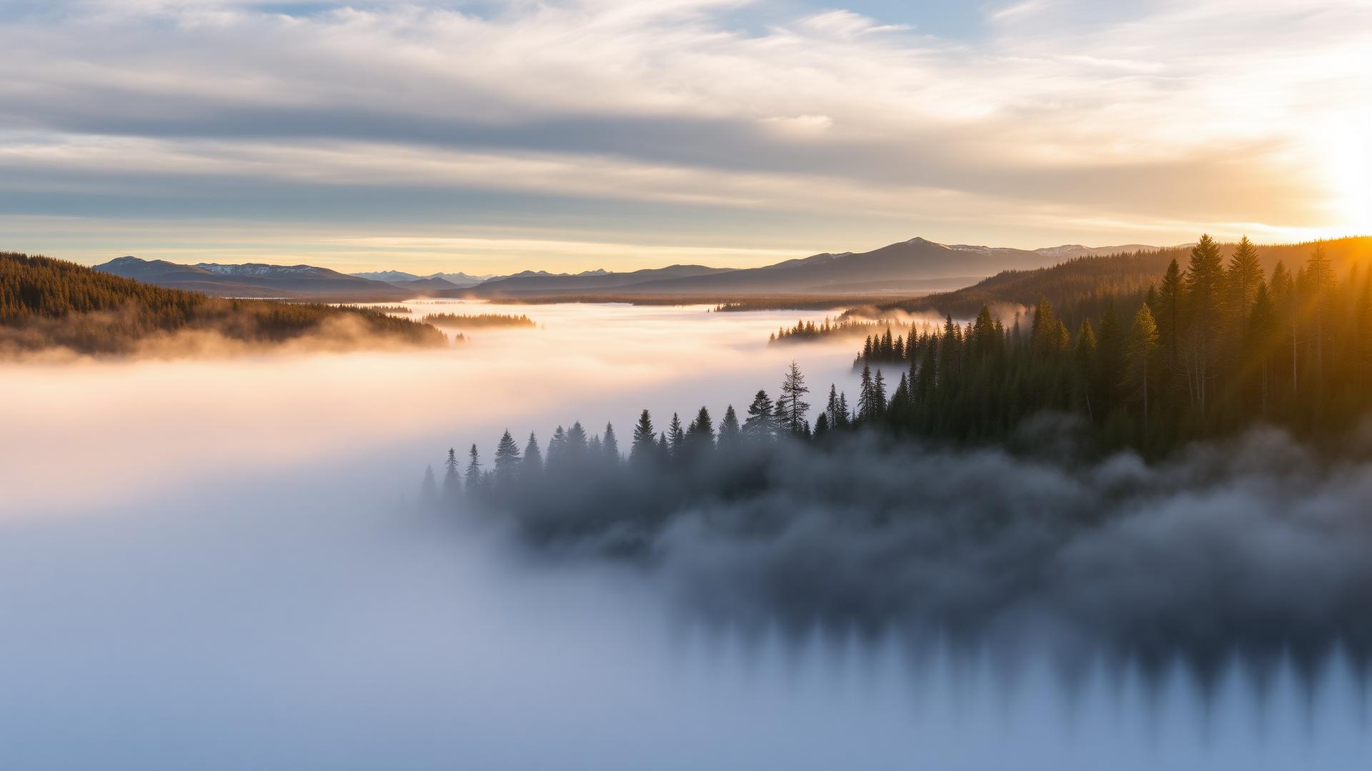 Svensk natur i gryning — dimma över sjö och fjäll